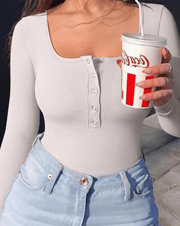 Button-Front Square-Neck Ribbed Triangle Bodysuit