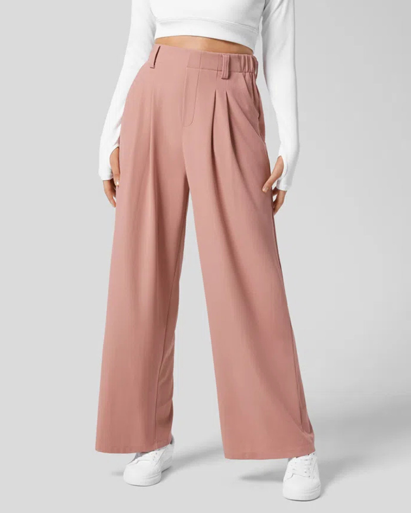 High Waisted Plicated Side Pocket Wide Leg Waffle Work Pants