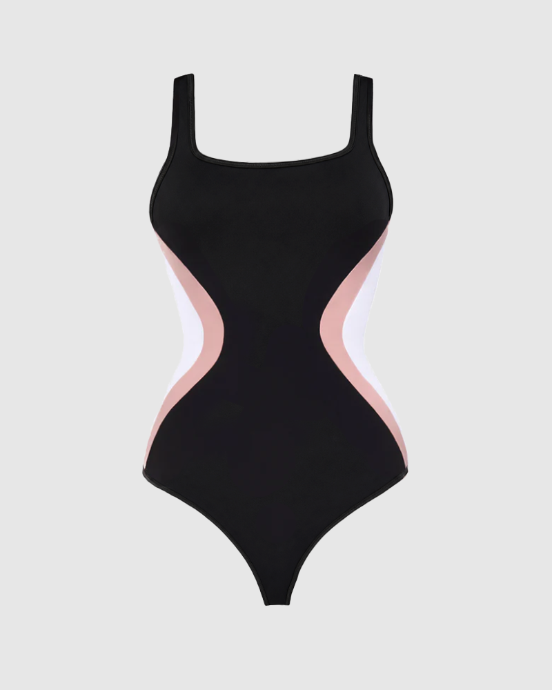 Color Block Side Stripes Lace Up Back Shaping One Piece Swimsuit