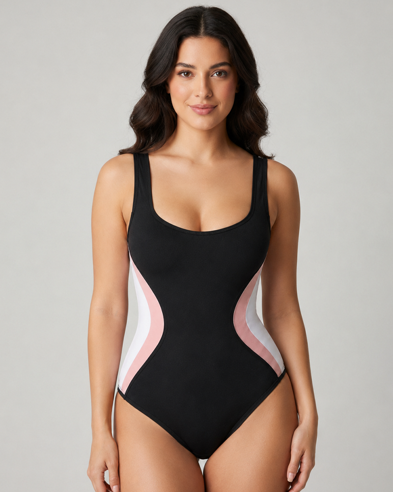 Color Block Side Stripes Lace Up Back Shaping One Piece Swimsuit