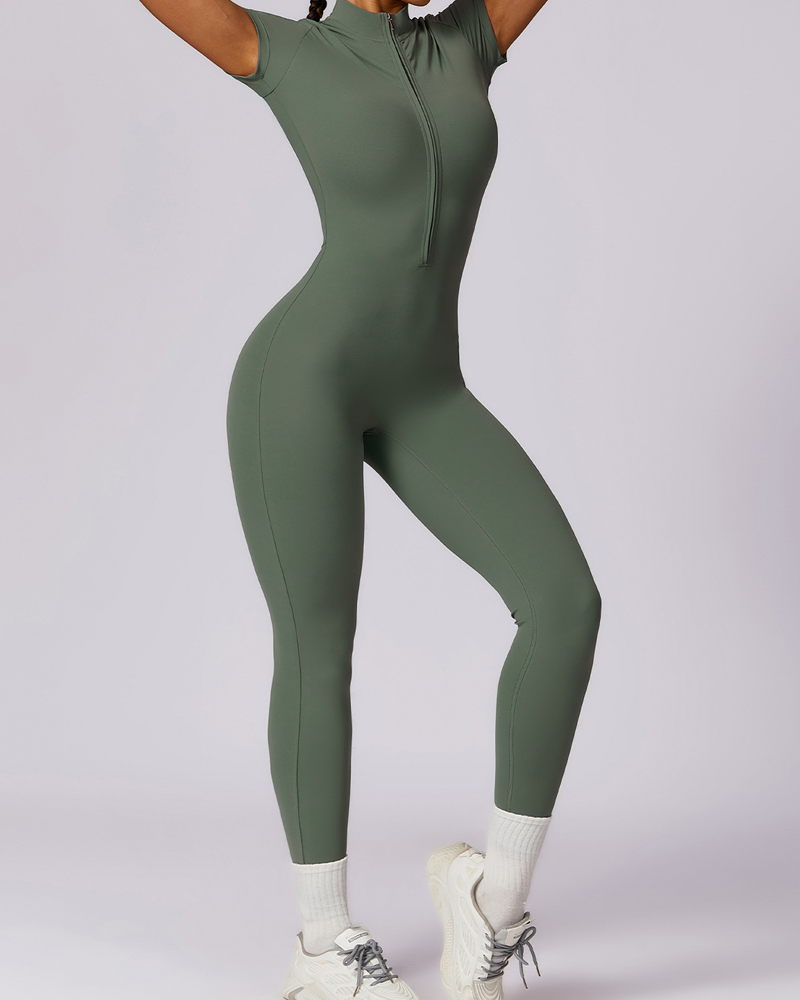 Zippered Short-Sleeved Slim-Fit Jumpsuit