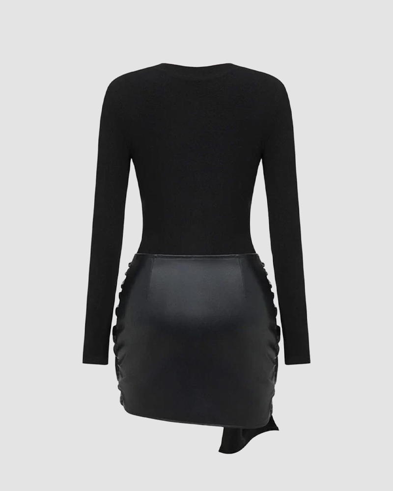 Women's Front-Tie PU Trim Long-Sleeved Mini Dress