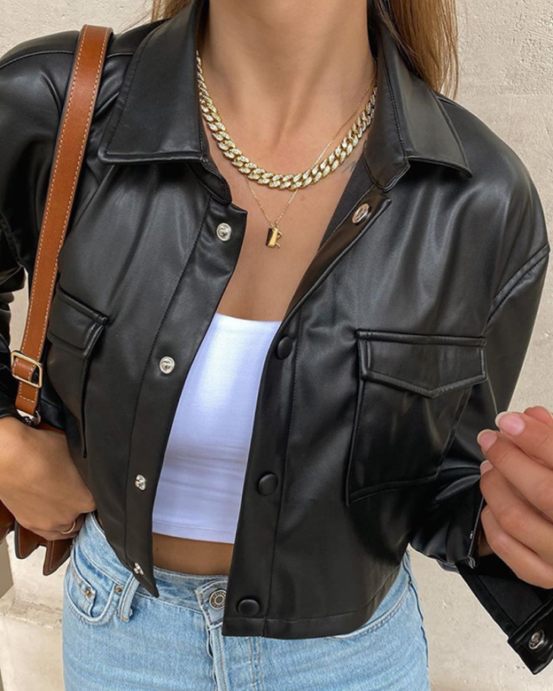 Long-Sleeved PU Leather Jacket Short Coat