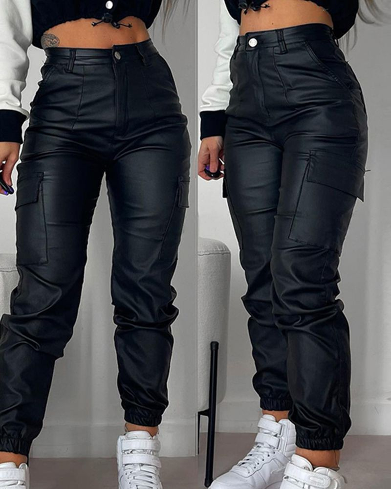 Zipper Pleated PU Casual Patch Pocket Skinny Pencil Trousers-Curvy-Faja