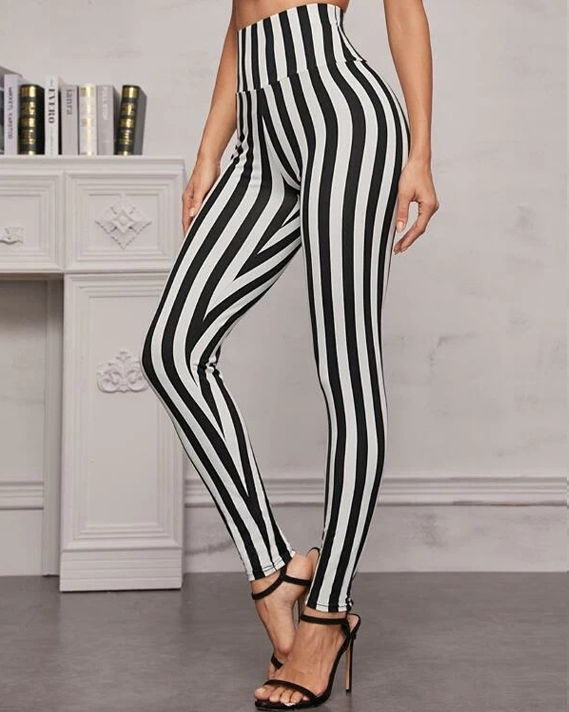 Striped High Waist Yoga Pants Leggings-Curvy-Faja