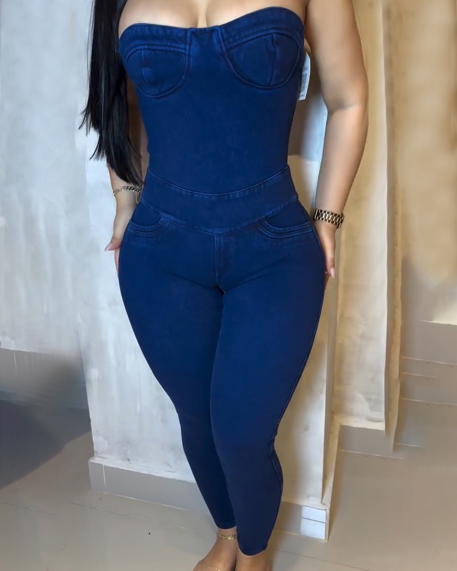 Bandeau Back Tie Slim Denim Jumpsuit (Pre-Sale)