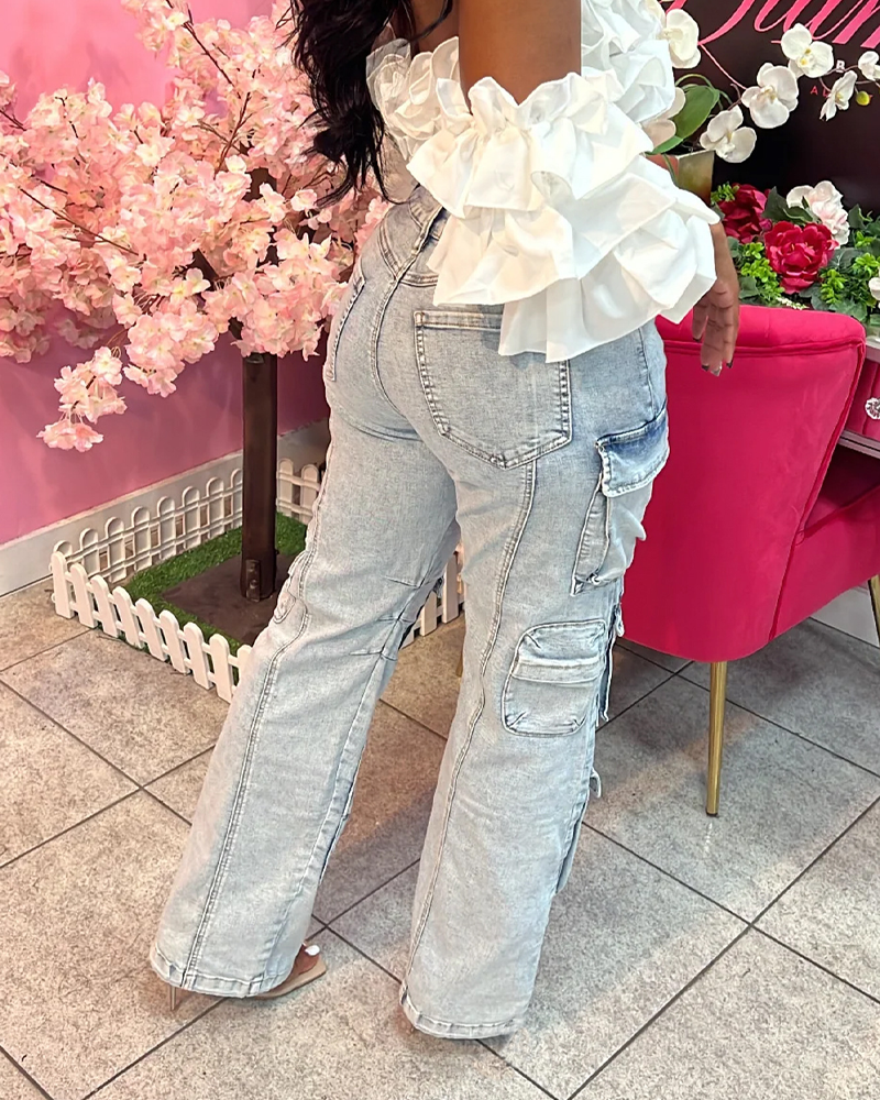 Streetwear-Style High-Waisted Stretch Washed Multi-Pocket Jeans