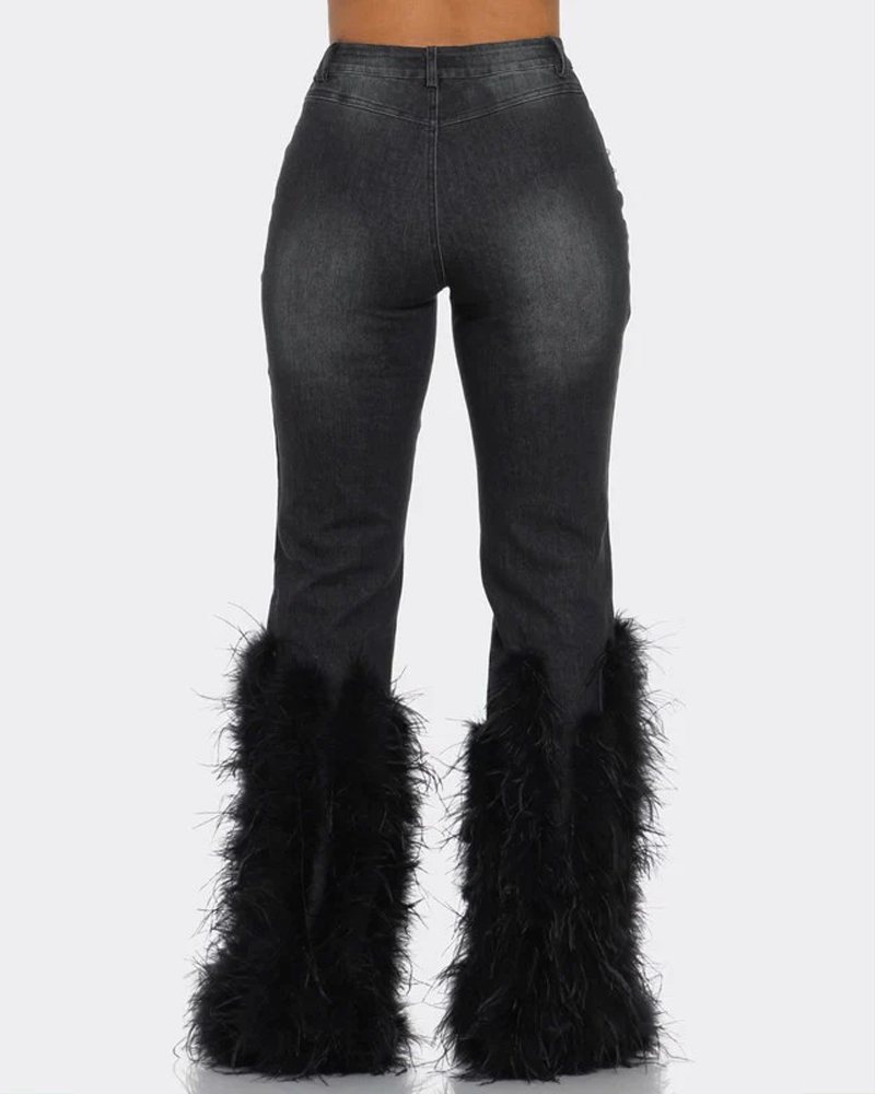 High-Waisted Distressed Pearl-Embellished Feather Jeans