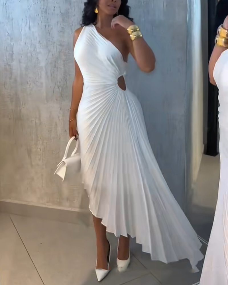 Pleated One Shoulder Asymmetrical Neckline Solid Color Dress