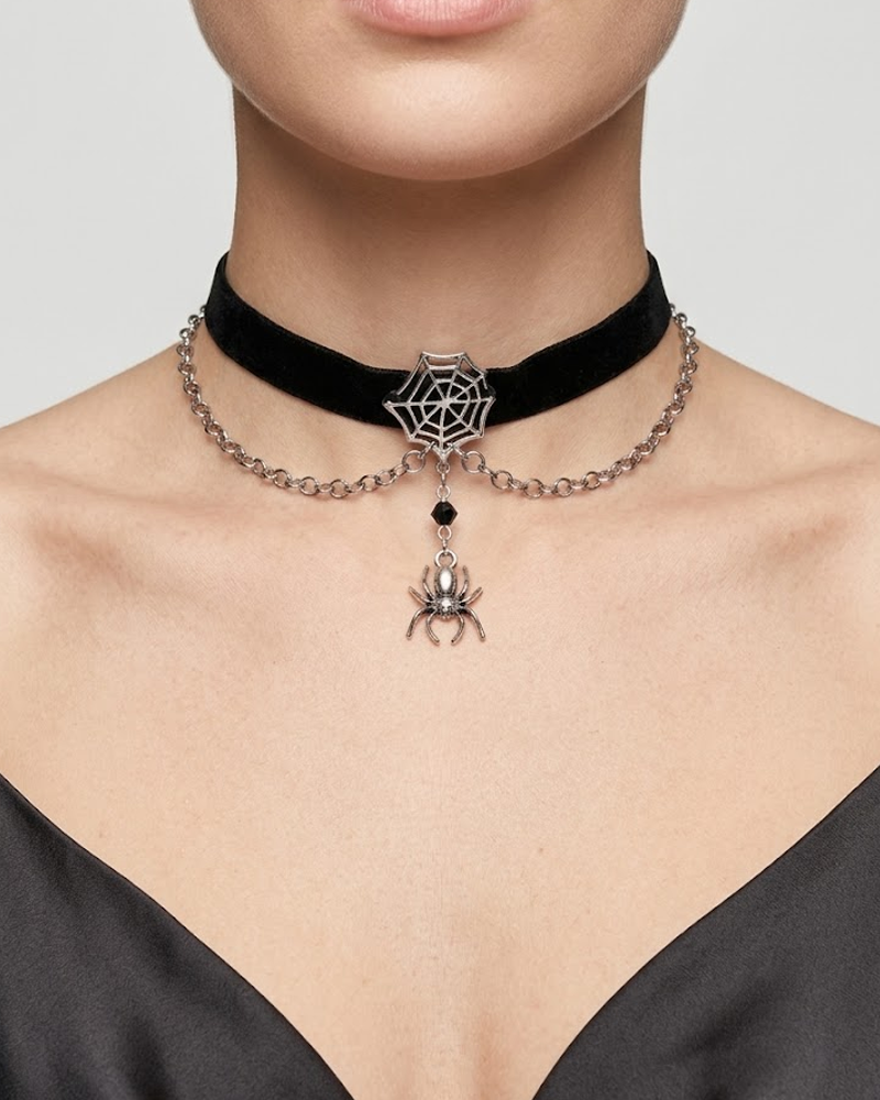 Halloween Accessory Gothic Velvet Choker Multi Layer Necklace With Spider Web Pendant
