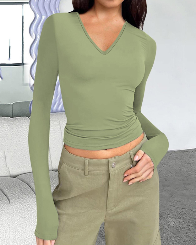 V-Neck Long-Sleeved Slim-Fit Versatile T-Shirt Top-Curvy-Faja