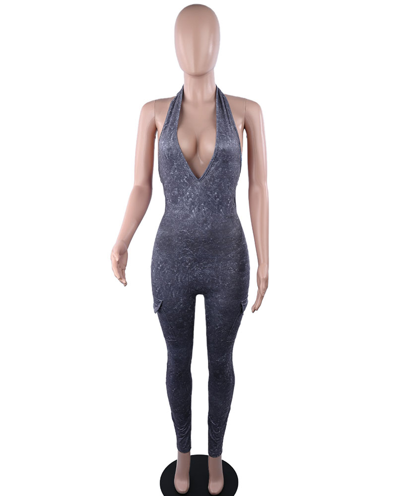 Thigh-Neck V-Neck Sports Jumpsuit With Pocket Hip Lift