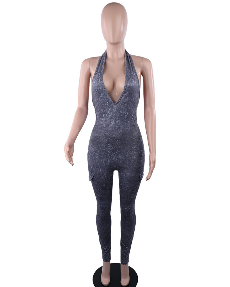 Thigh-Neck V-Neck Sports Jumpsuit With Pocket Hip Lift