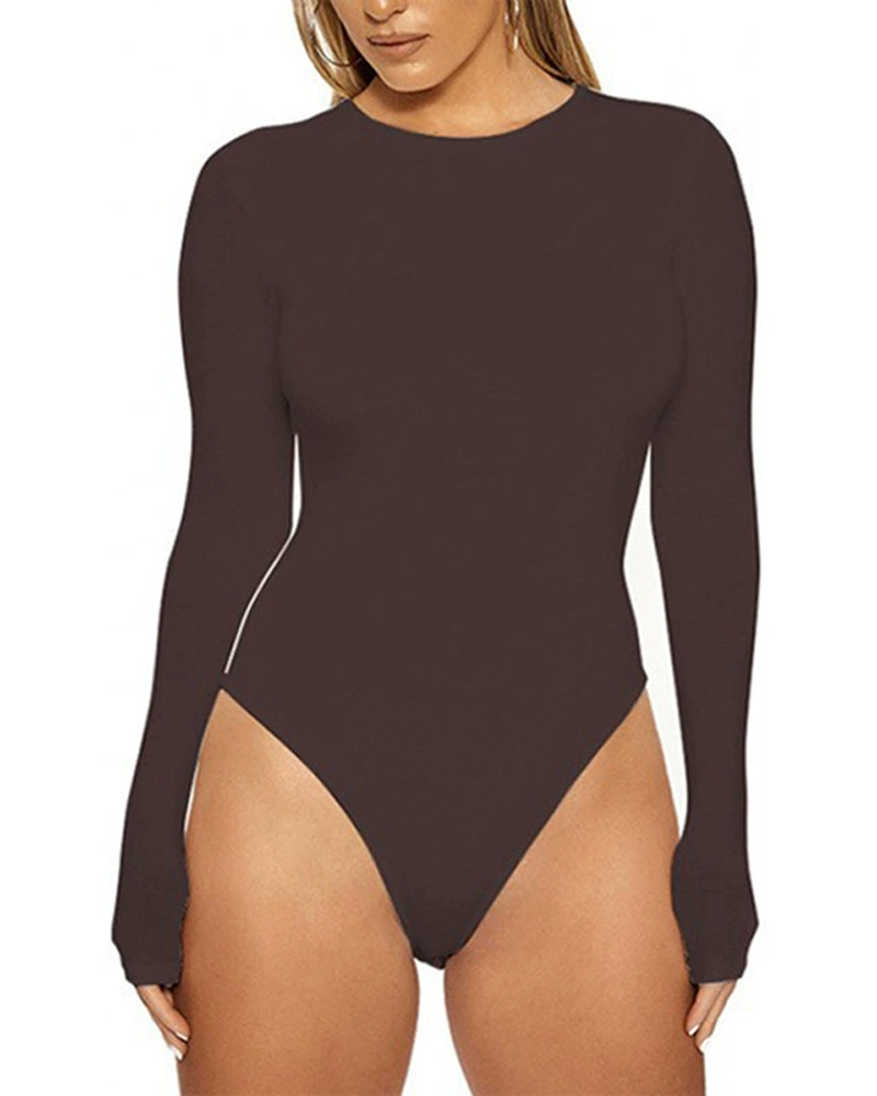 High-Neck Long-Sleeved Solid Color Leggings Bodysuit