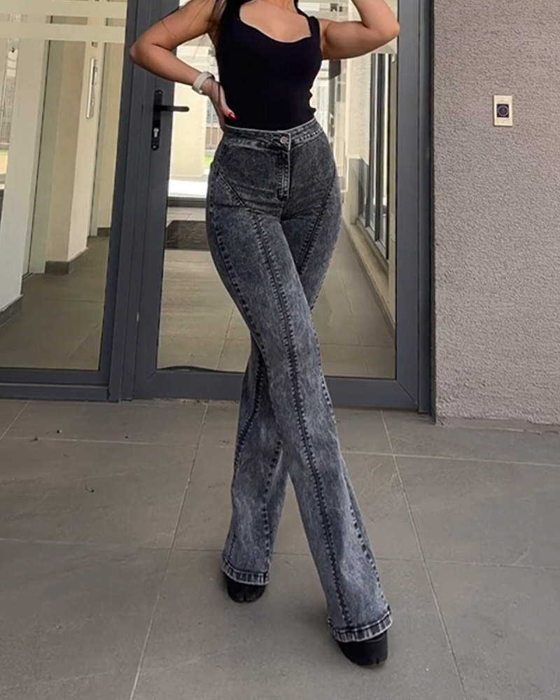 Women's Bell Bottom High Waisted Pull On Skinny Straight Fit Flare Denim Jeans