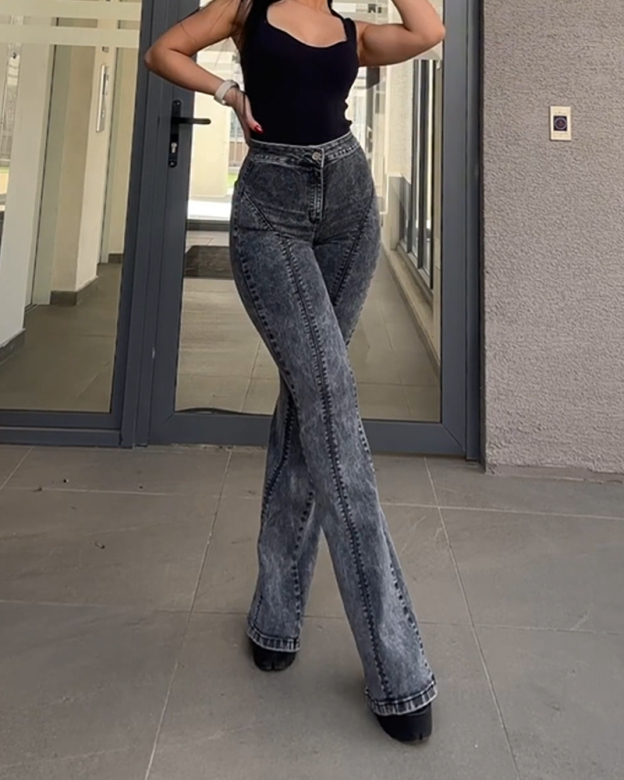 Women's Bell Bottom High Waisted Pull On Skinny Straight Fit Flare Denim Jeans