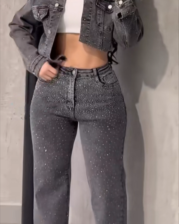 Dark Gray Diamond Studded Straight Leg Jeans (Pre-Sale)