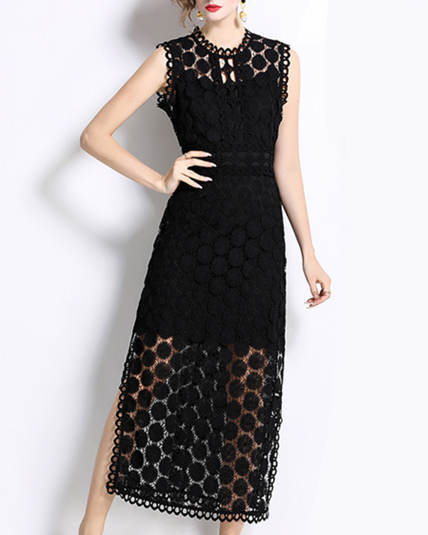 Round Neck Sleeveless Fitted Waist Double Slit Hollow Water-Soluble Lace Dress