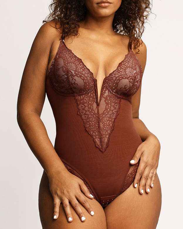 Deep V-Neck Shaping Lace Bodysuit