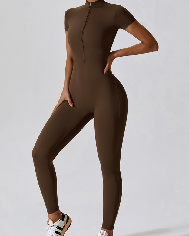 Zippered Short-Sleeved Slim-Fit Jumpsuit