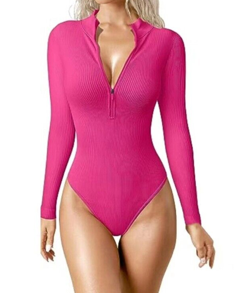 Zipper Front Long Sleeve Sexy Ribbed Long Sleeve Tights