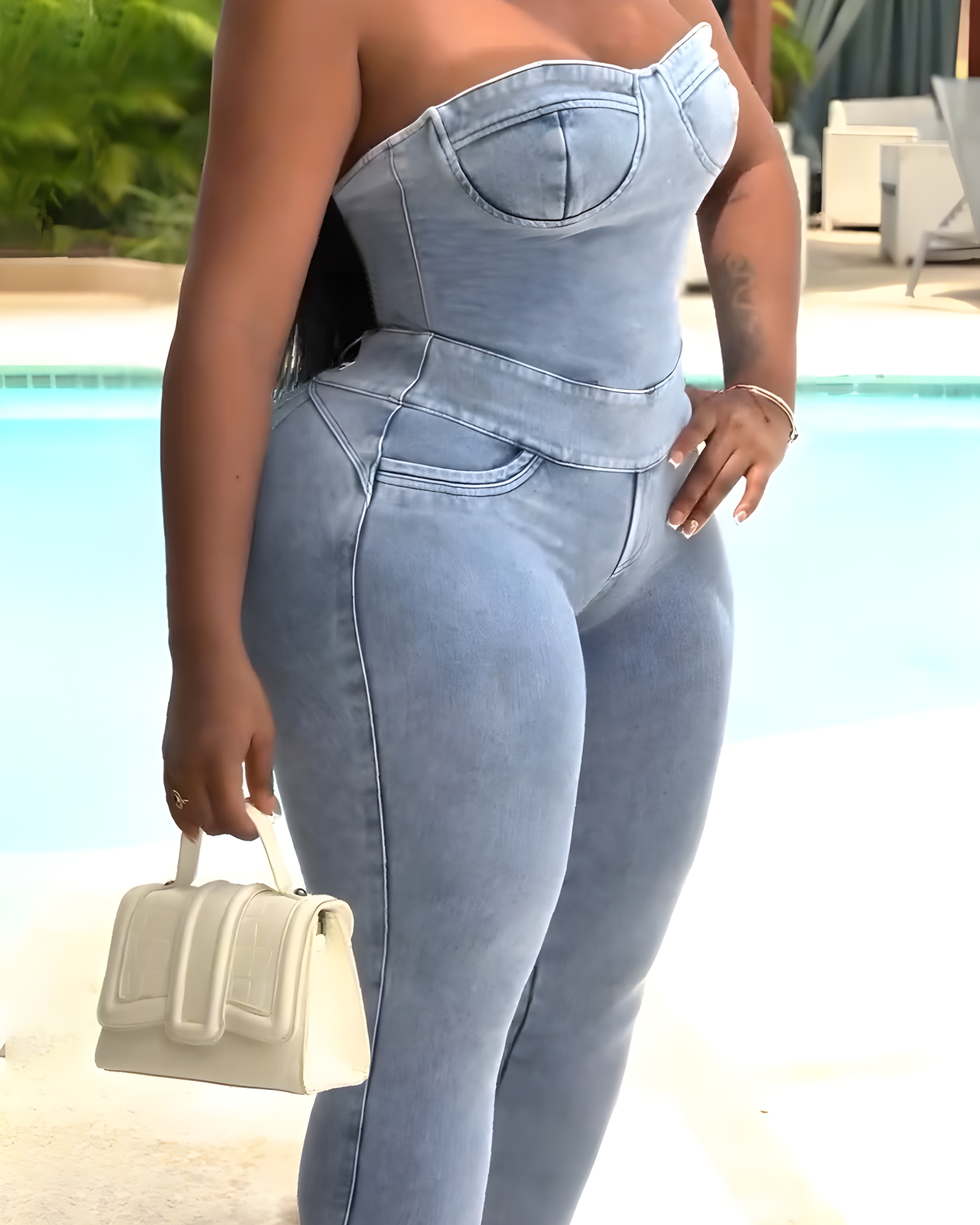 Bandeau Back Tie Slim Denim Jumpsuit (Pre-Sale)