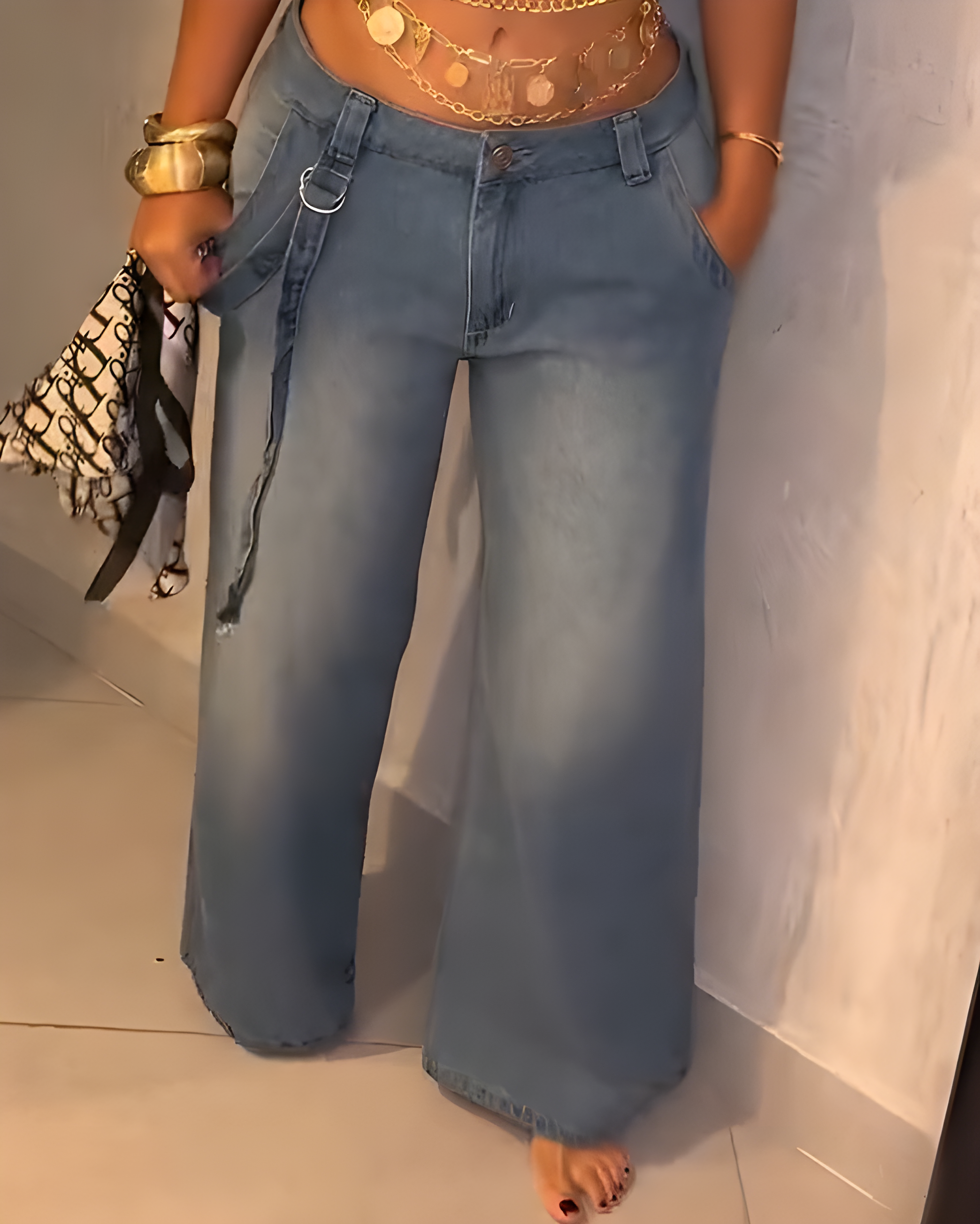 Fashionable Slim Cargo Style Wide-Leg Denim Jeans（Pre-Sale)