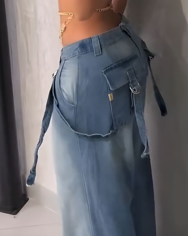 Fashionable Slim Cargo Style Wide-Leg Denim Jeans（Pre-Sale)