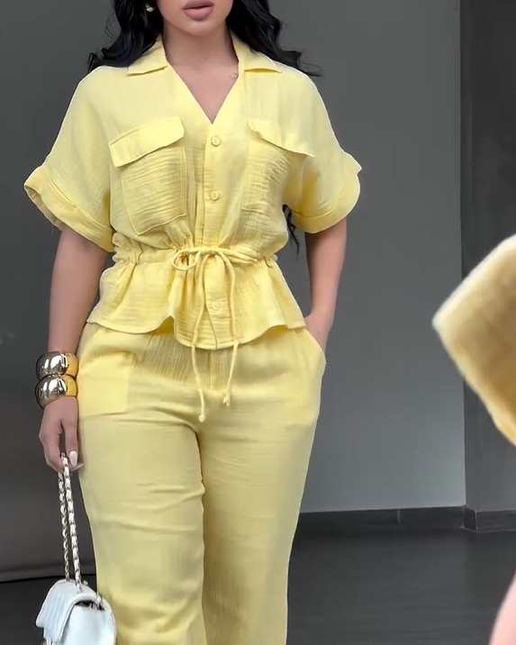 Women's 2 Piece Linen Outfits Short Sleeve Drawstring  Shirts and Wide Leg Pants With Pockets-Curvy-Faja