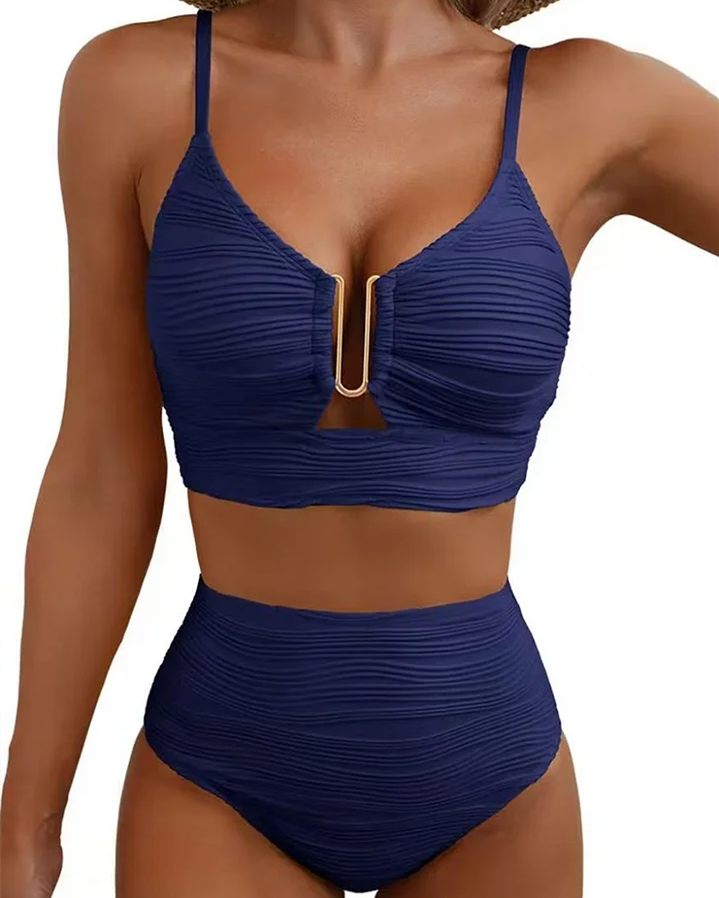 Two-Piece Bikini Set U-Shaped Underwire Hollow High Waist Textured Swimsuit
