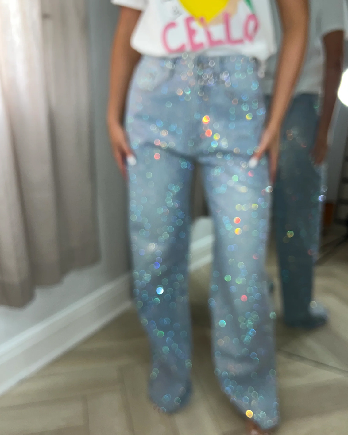 Rainbow Rhinestone and Gypsophila Sequined High-Waisted Wide-Leg Jeans