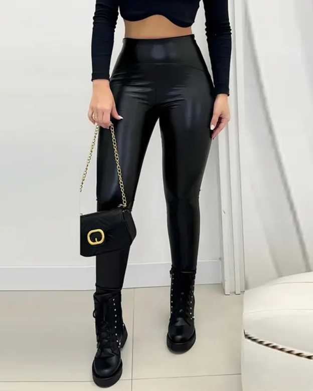 High-Waisted Slim-Fit Stretch PU Leather Pants