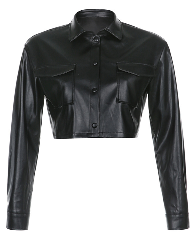 Long-Sleeved PU Leather Jacket Short Coat