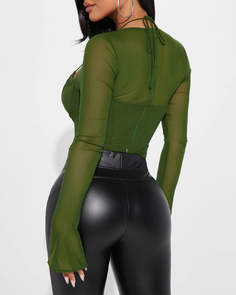 Mesh Patchwork Versatile Fishbone Halter Neck Tie-Waist Cropped Top