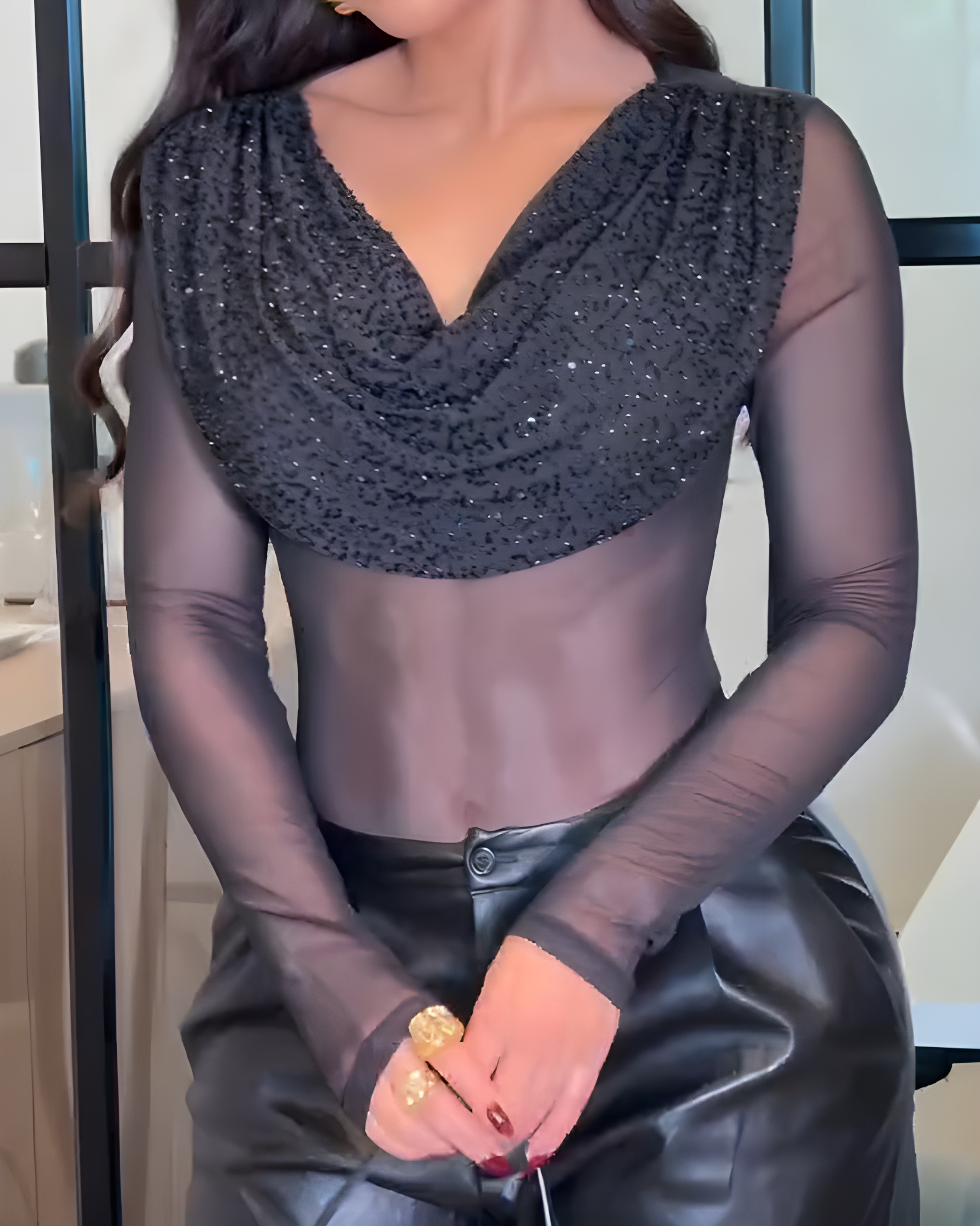 Women's Draped Neck Mesh Long-Sleeved Top