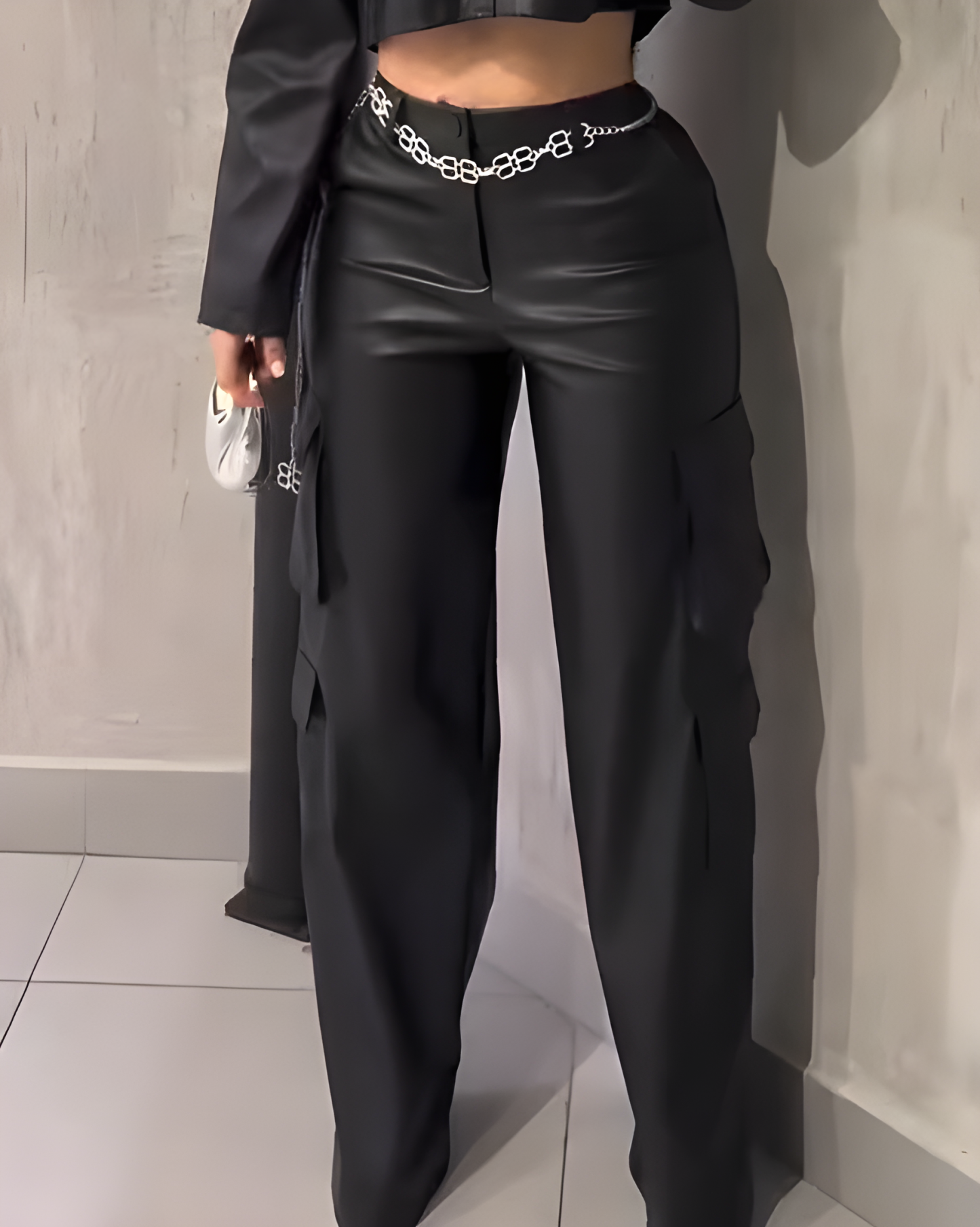 Women's Cargo Style Wide-Leg Leather Pants