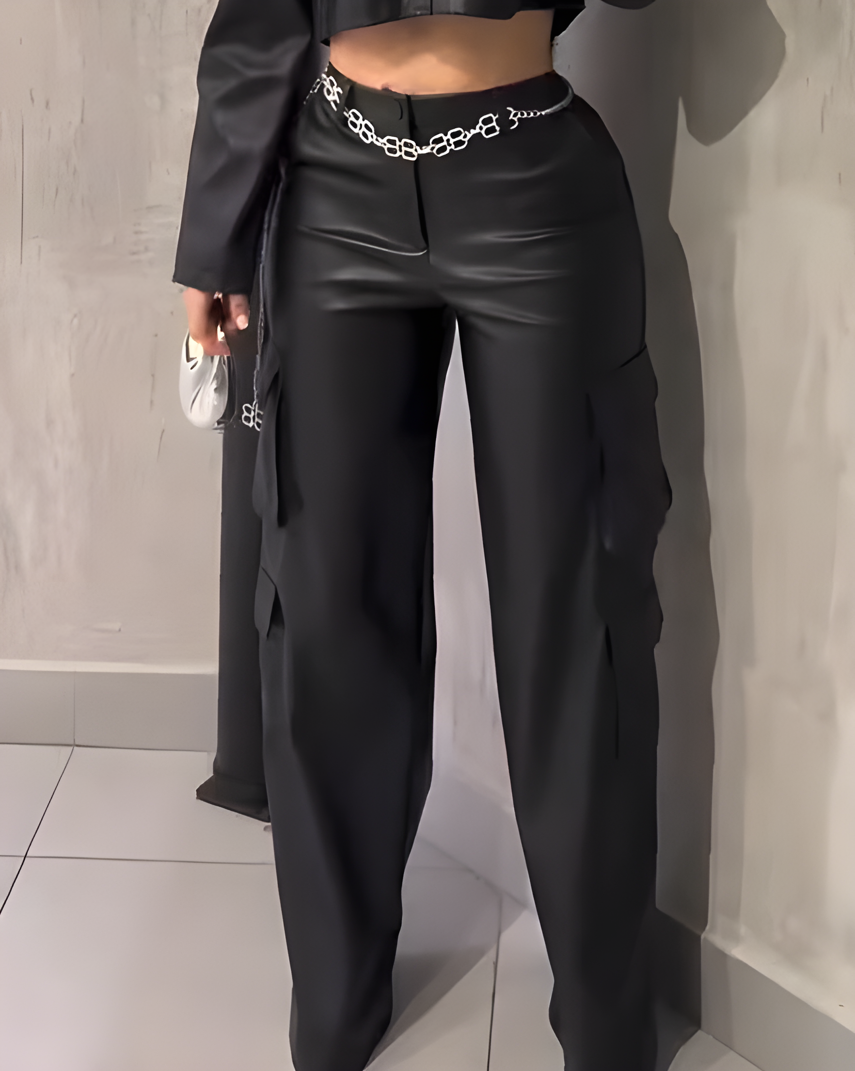 Women's Cargo Style Wide-Leg Leather Pants