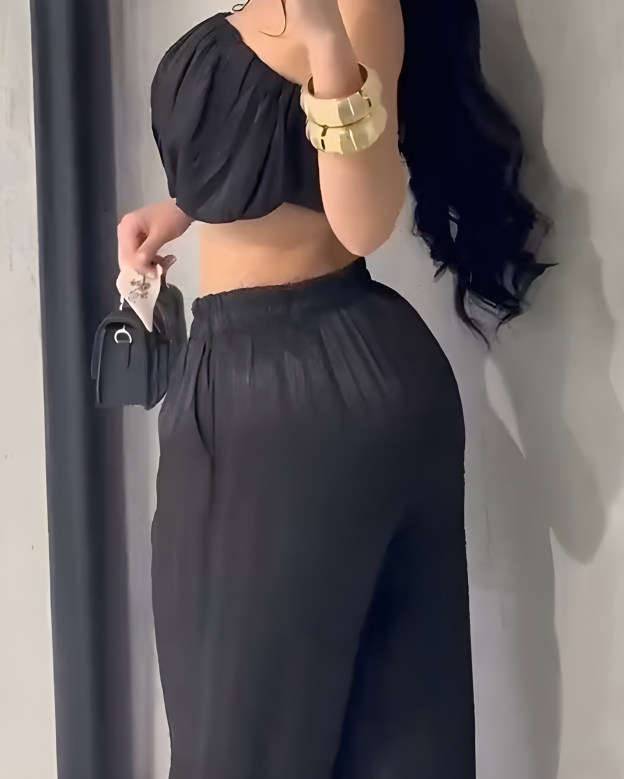 Shinny Bandeau Wide-Leg Slim Fit 2-Piece Set（Pre-Sale）