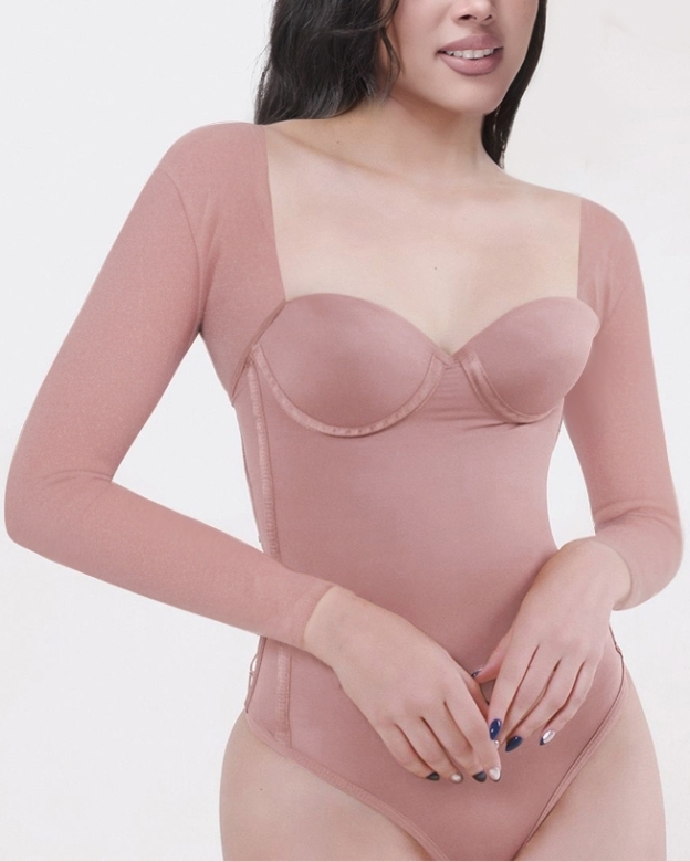 Long Sleeve Back Lace-up Thong Seamless Shapewear-Curvy-Faja