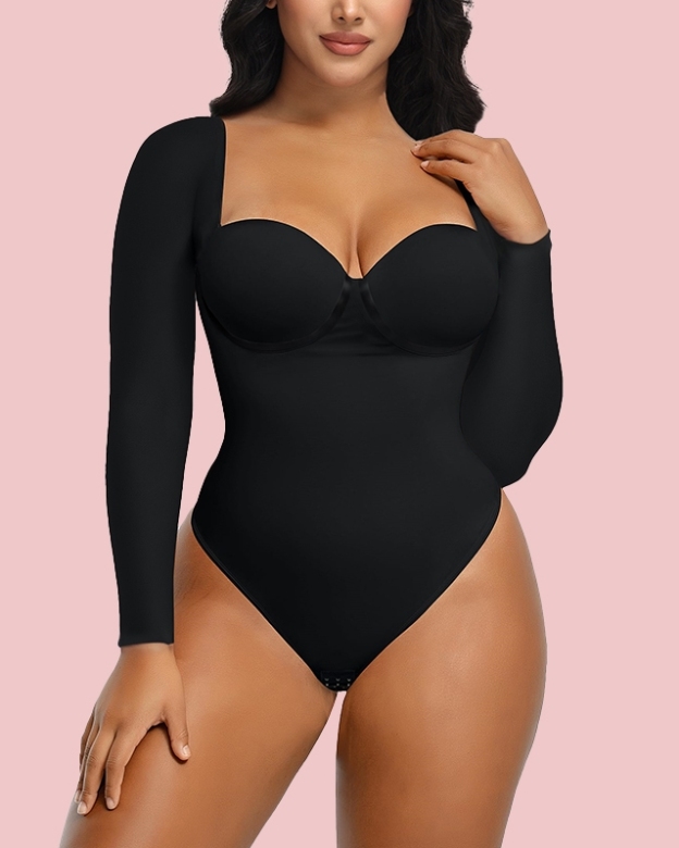 Long Sleeve Back Lace-up Thong Seamless Shapewear-Curvy-Faja