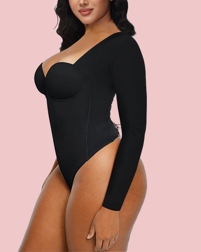 Long Sleeve Back Lace-up Thong Seamless Shapewear-Curvy-Faja