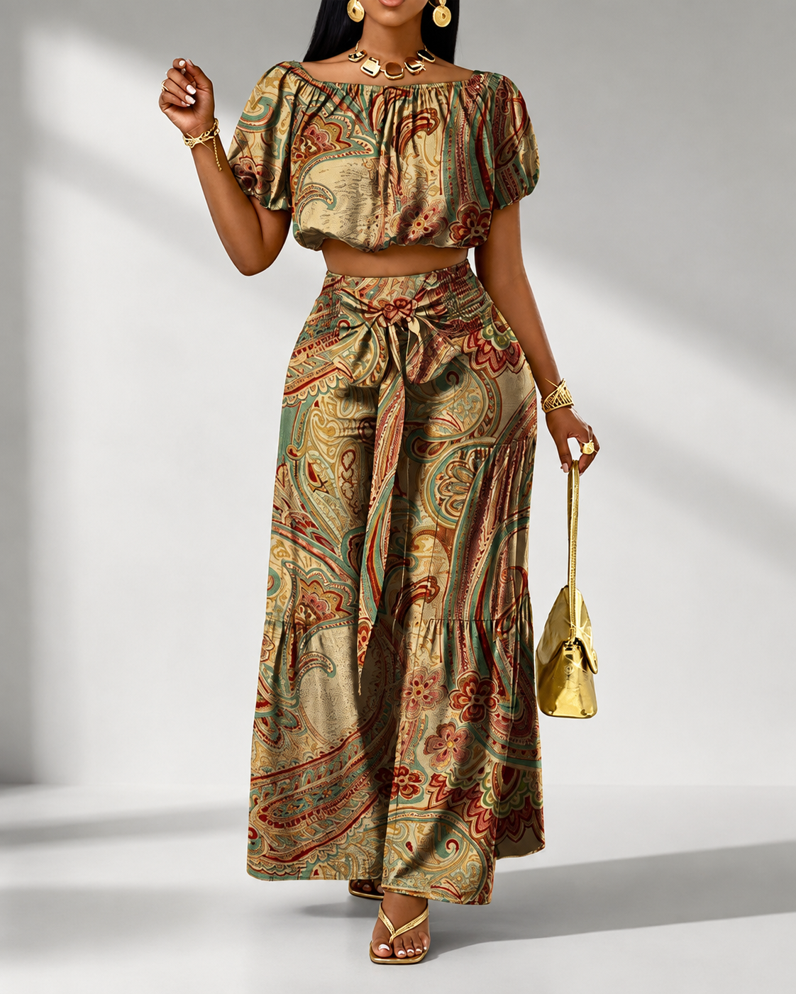 Vintage Print Vacation Off Shoulder Puff Sleeve High Waist Tie Wide Leg Two Piece Set