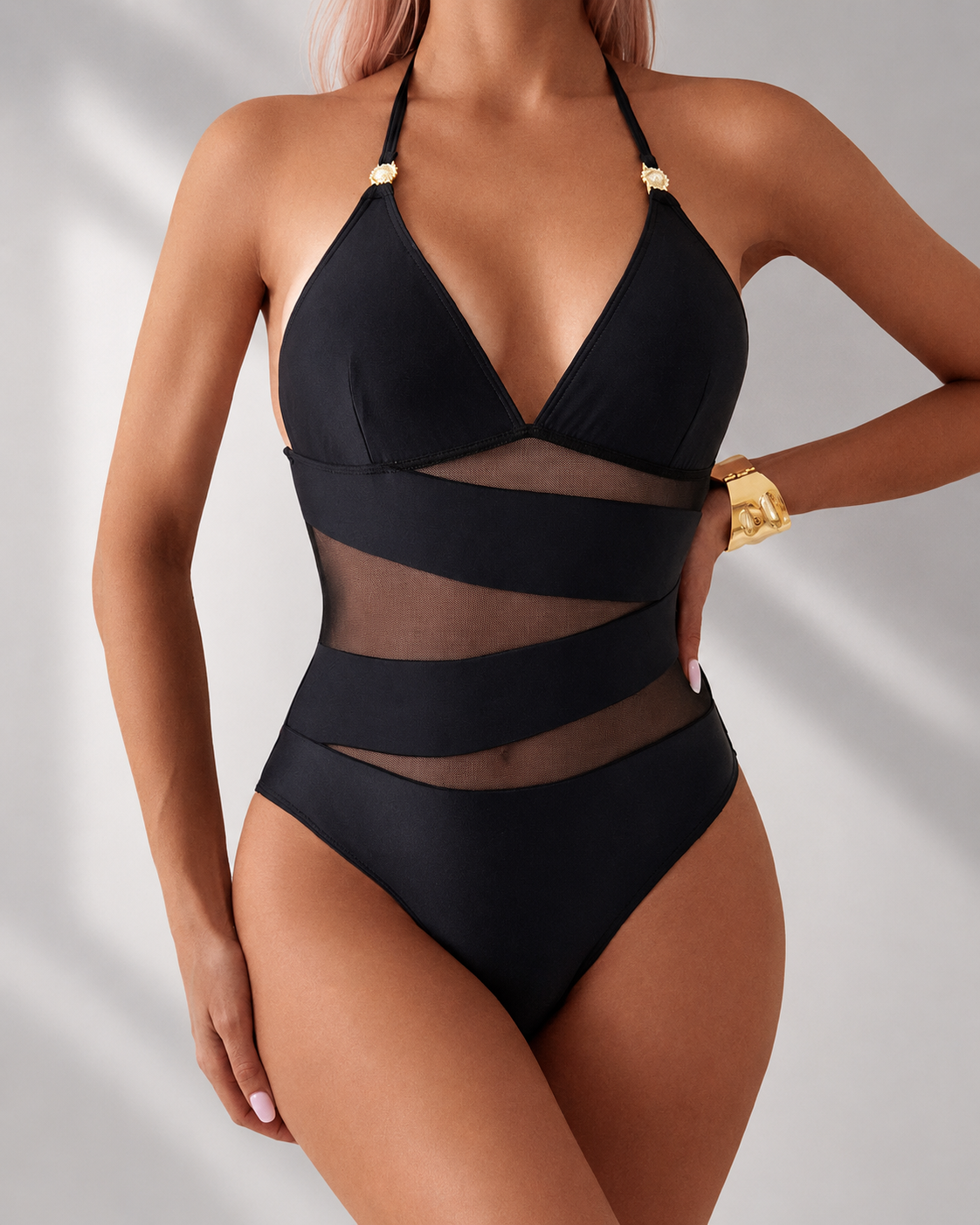 Halter Neck Mesh Panel One-Piece Swimsuit