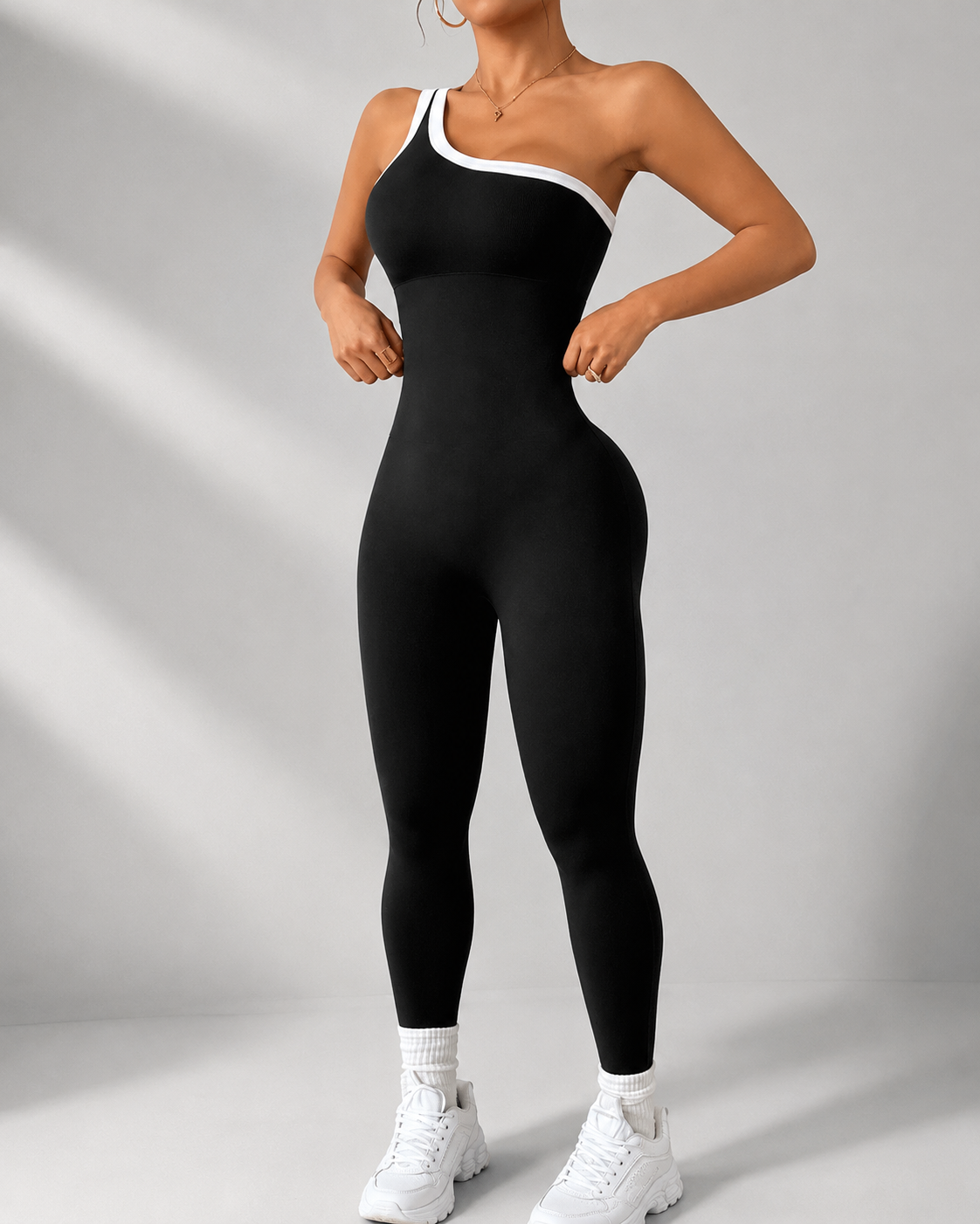 Stylish Slim-Fit Color-Blocked Asymmetrical Neckline Knit Yoga Jumpsuit