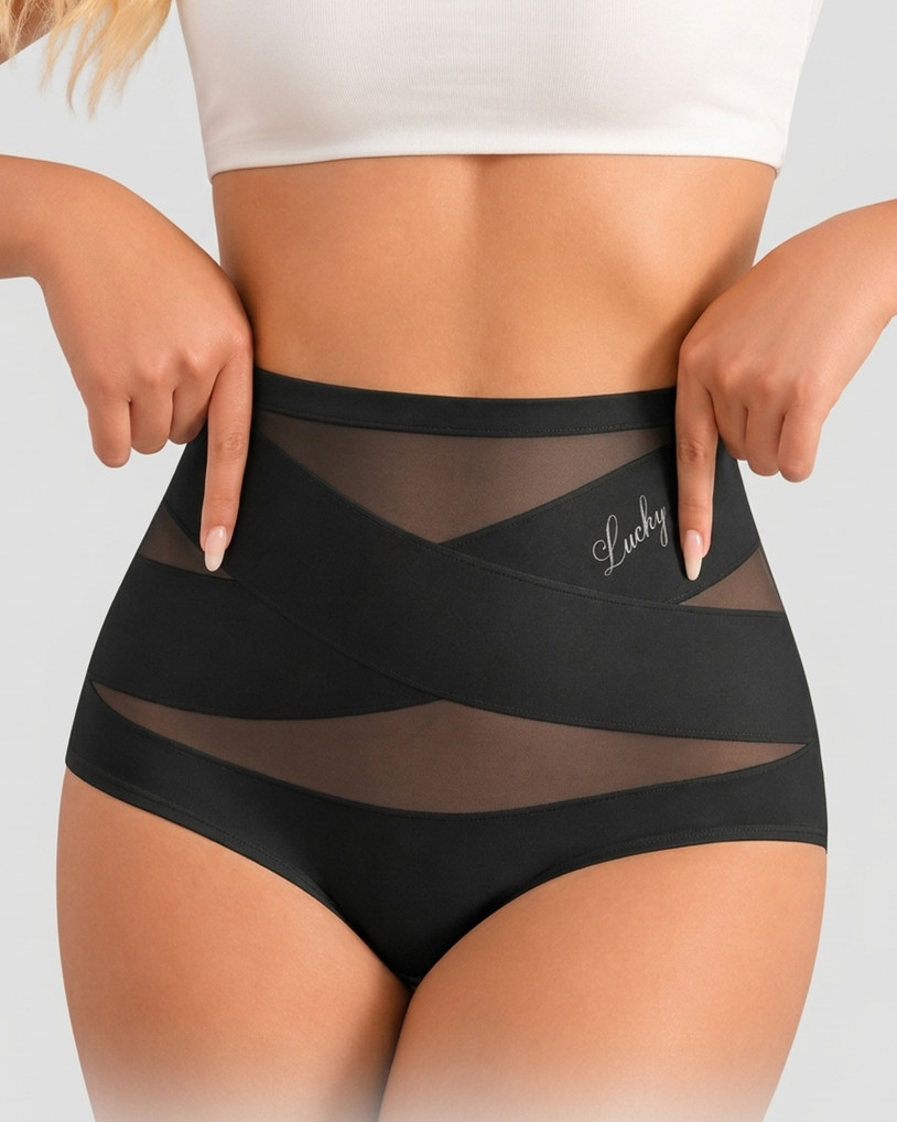 High-Waisted Mesh Wrap Briefs with Tummy Control Lace Detail
