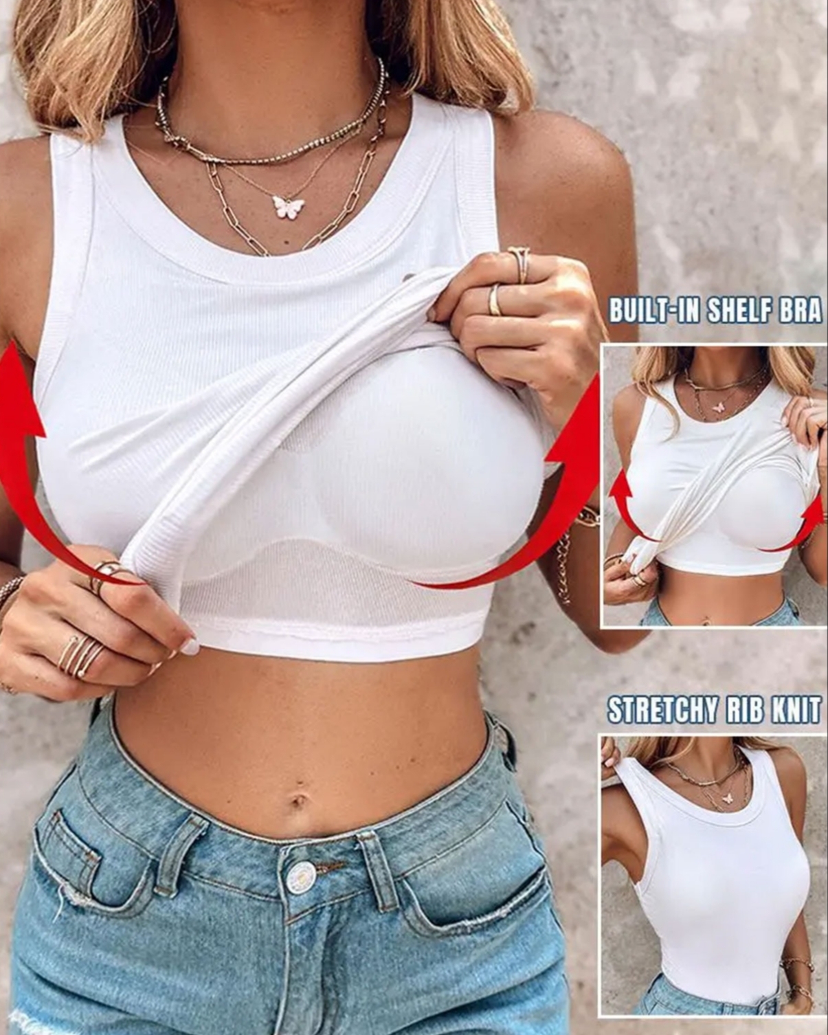 Round Neck Built-in Bra Ribbed Tank Top