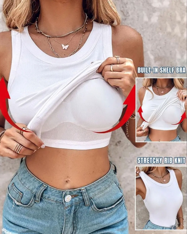 Round Neck Built-in Bra Ribbed Tank Top