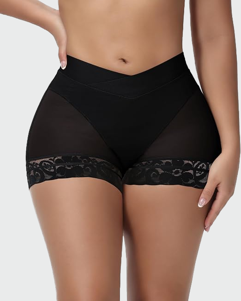 High Waisted Cross V Shapewear Shorts With Lace Trim Anti Roll Butt Lifter Design