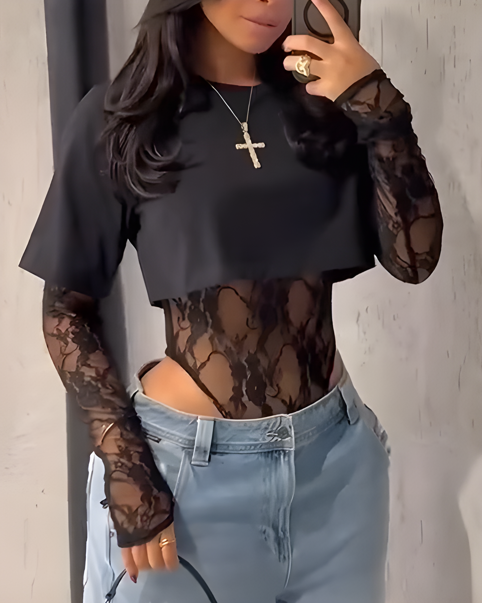 Lace Bodysuit T-Shirt Two-Piece Set-Curvy-Faja