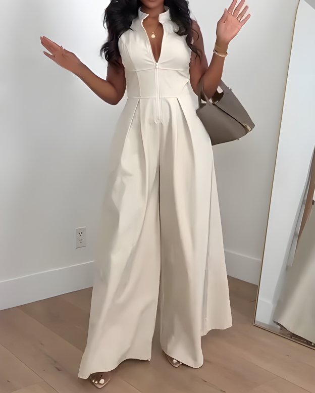 Casual Sleeveless Zippered Wide-Leg Jumpsuit-Curvy-Faja